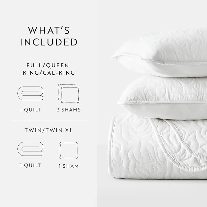 Merit Linens Modern Quilt Coverlet Soft Set in Floral Stitching - King/Cal-King White