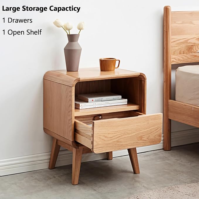 100% Solid Oak Nightstand, Wood Nightstands with 2 Drawers, Mid Century Modern Nightstands with Open Storage, Wooden Night Stand Bedside Table for Bedroom.