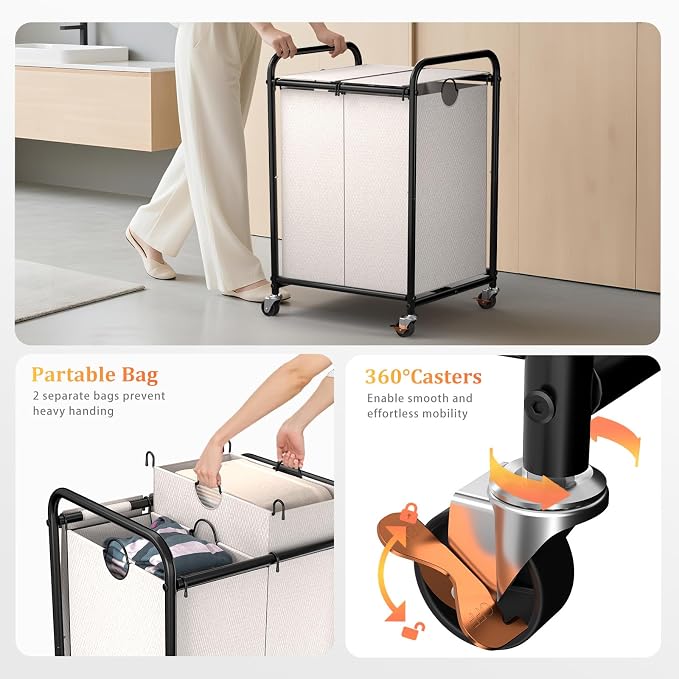 120L Laundry Sorter 2 Section, Rolling Laundry Basket with Wheels ＆ Lid | 31.7 Gal Laundry Hamper, 2 Separated Removable Bags, Lockable Wheels, Dirty Clothes Hamper for Laundry Room, Bedroom, White