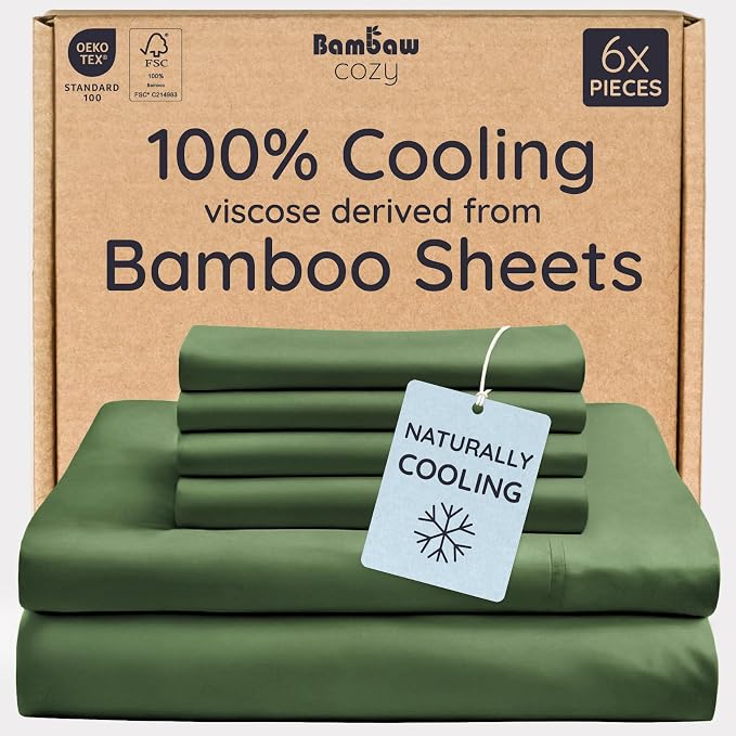 Bambaw 100% Viscose Derived from Bamboo Sheets King Size Set – 6pcs Set of Cooling Sheets for Hot Sleepers, Fits Up to 16'' Mattresses, Super Soft & Luxury Bedding Sets King (Olive)