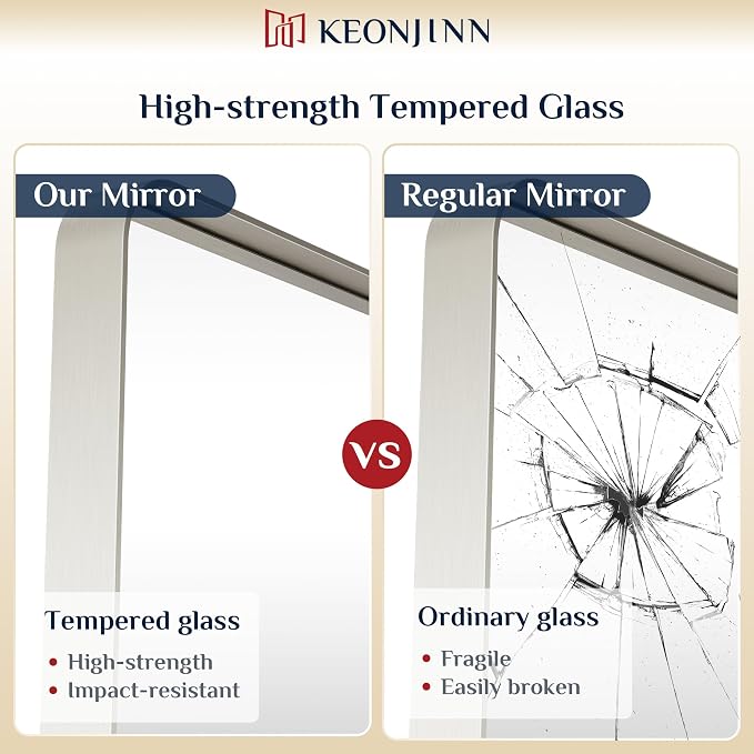 Keonjinn 20 x 30 Inch Brushed Nickel Bathroom Mirrors for Over Sink | HD Tempered Glass, Silver Vanity Mirror, Rust-Resistant Aluminum Frame, Rounded Rectangle, French Cleat Mount, Home Décor