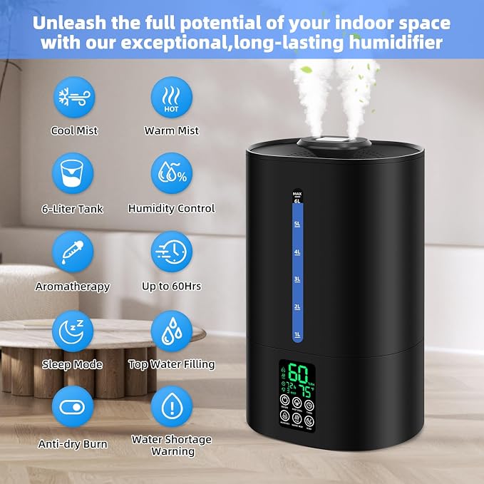 Coolfiqu 6L Warm & Cool Mist Humidifiers for Bedroom,Large Room,Plants | Quiet Top Fill Ultrasonic Humidifier,Essential Oil Diffuser, Auto Humidity Control,Hot Mist Desk Humidifiers,360° Nozzle