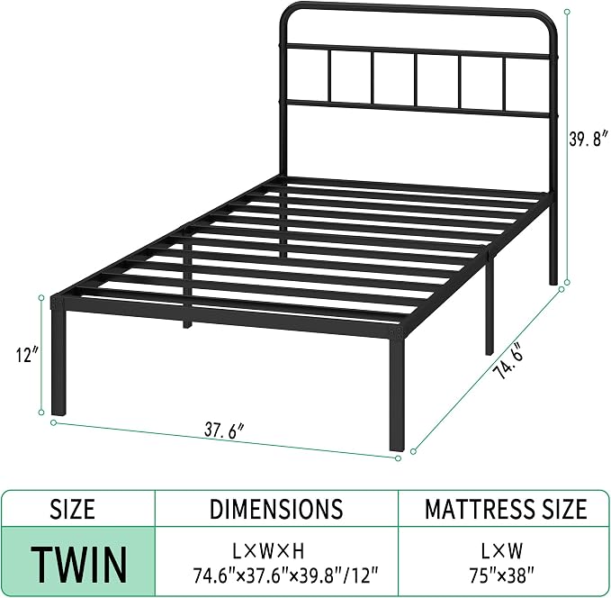 Twin Bed Frame with Classic Headboard, Black | Strong Metal Slats Support,Under Bed Storage Space,No Box Spring Needed,Easy to Assemble