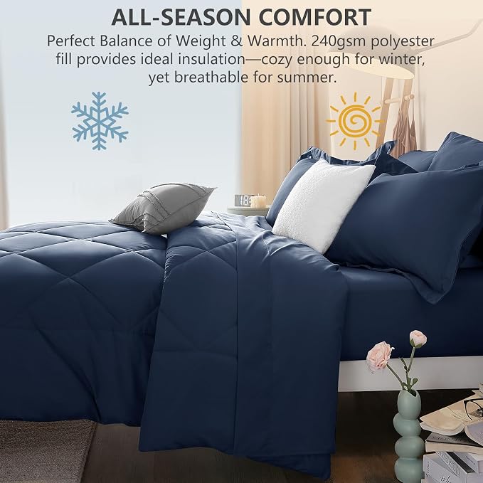 California King Size Comforter Set Navy - 7 Pieces Bed in a Bag | OEKO-TEX Certified, All Season, 240GSM Down-Alternative Comforter, Sheets, Pillowcases & Shams, 14" Deep Pocket, Easy Care