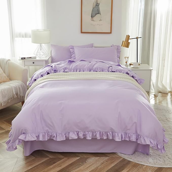 Brandream Kids Bedding Set Full/Queen Size 100% Organic Cotton Duvet Cover Shams Set for Girls 3pc, Delicate Ruffle Fringe Solid Color Soft and Breathable (Purple)