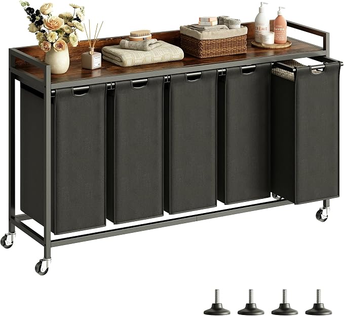 Herture Laundry Hamper with Shelf, Laundry Basket 5 Section, Laundry Sorter with Pull-Out Removable Large Bags and Movable Wheels, Metal Frame, 5 x 15.87 Gallons (60L), Rustic Brown + Black PF08XLY