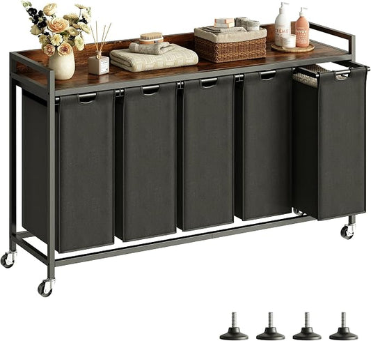 Herture Laundry Hamper with Shelf, Laundry Basket 5 Section, Laundry Sorter with Pull-Out Removable Large Bags and Movable Wheels, Metal Frame, 5 x 15.87 Gallons (60L), Rustic Brown + Black PF08XLY