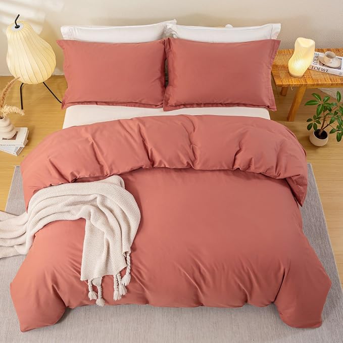 OAITE Duvet Cover Set 100% Washed Cotton Solid 3pcs | Soft,Durable,Long-staple Cotton,Hidden Zipper with 8 Interior Corner Ties,2 Pillowcases,68"X90"