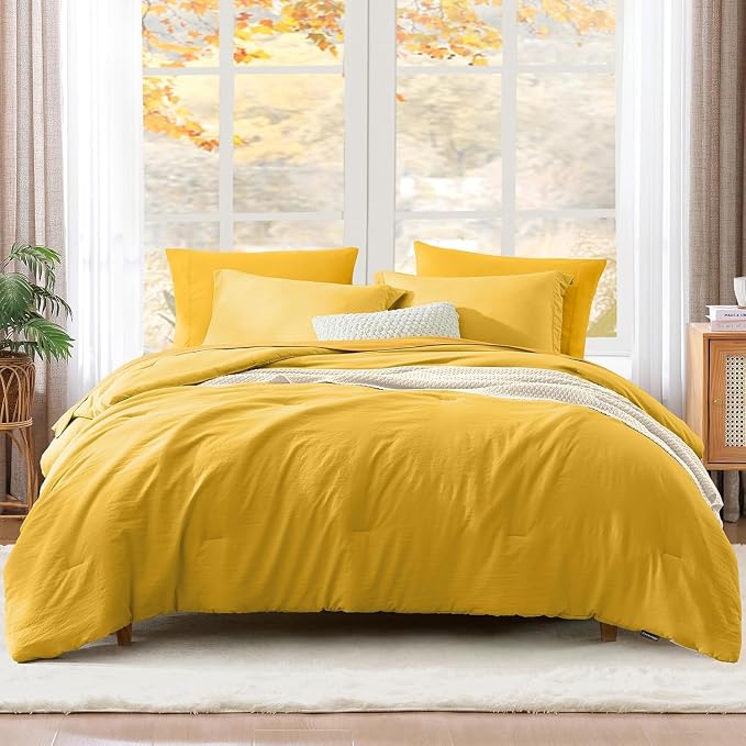 King Size Comforter Set- 7 Pieces Prewashed Bed in a Bag King Bedding Sets | Soft All Season Comforter with Sheets, Pillow Shams & Pillowcases,Yellow
