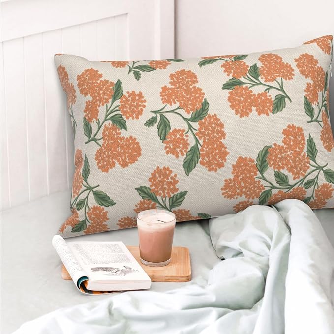 Fall Burnt Orange Pillow Covers 12x20 Inch 2 Pcs Green Hydrangea Flower Decor Throw Pillows Vintage Floral Seasonal Autumn Outdoor Decoration Pillowcase Linen Cushion Cover for Couch Sofa