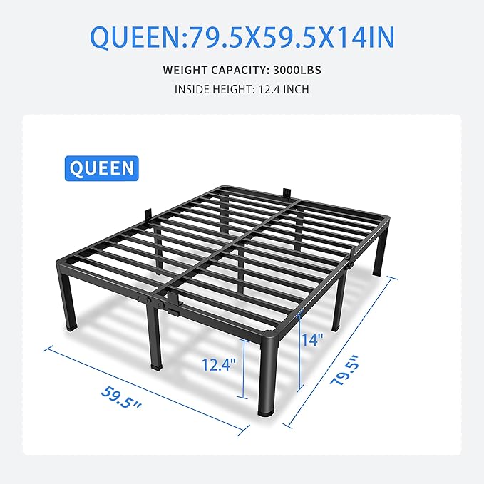 MAF 14 Inch Queen Metal Platform Bed Frame with Round Corner Legs | Mattress Baffle, 3000 LBS Heavy Duty Steel Slat Support, Noise Free, No Box Spring Needed, Easy Assembly, 12.4" Storage Space
