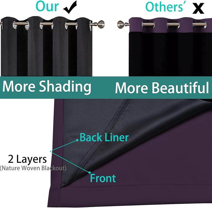 Yakamok Purple 100% Blackout Curtains 84 Inches Long for Bedroom 52" Wide | Blackout Curtain Panels for Bedroom, 2 Thick Layers Grommet Top Thermal Insulated Drapes with Black Liner for Living Room