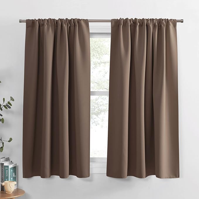 PONY DANCE Rod Pocket Blackout Curtains - Kitchen Curtains Short Thermal Insulated Window Treatments Panels Light Block for Bathroom, Wide 42 by Long 45 inches, Mocha, 2 Pieces