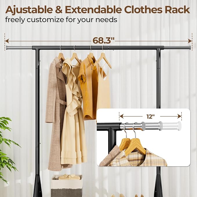 HYSEYY Heavy Duty Clothes Rack Load 450 LBS, Metal Garment Rack, Standing Rolling Clothing Rack for Hanging Clothes with Sturdy Wheels & Shelves, Portable Closet Wardrobe Rack,Black