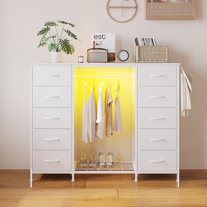 LUMTOK 55"W Dresser with Hanging Rack,10 Fabric drawers & Hooks for Bedroom | White 10 Drawers Dresser with LED Lights, Charging Station,chest of drawers with wooden top for clothing storage organization
