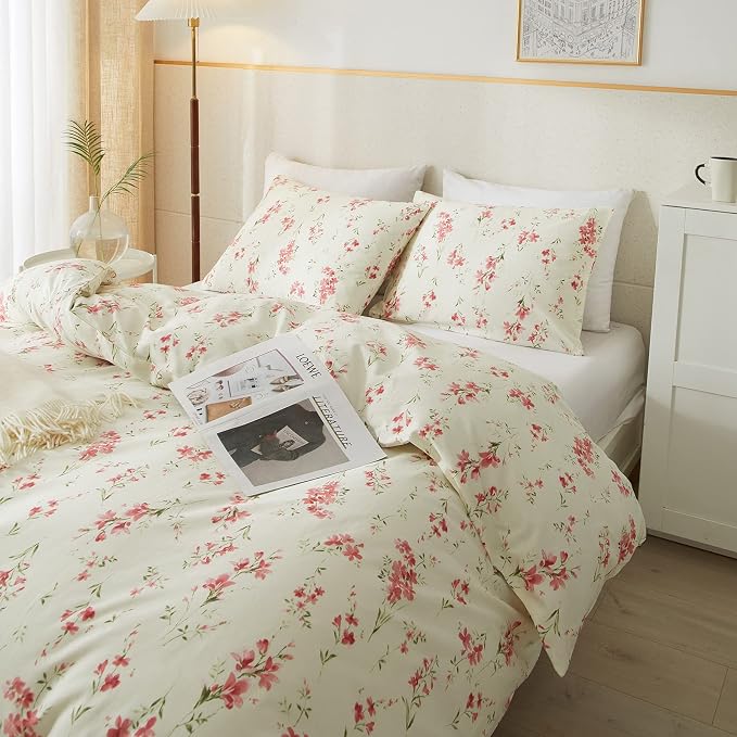 mixinni Boho Red Floral Girl Duvet Cover Set, Soft Cotton Twin Size 3-Piece Aesthetic Floral Bedding Set, 1 Chic Flower Leaf Pattern Duvet Cover and 2 Pillowcases for All Seasons-Twin Size