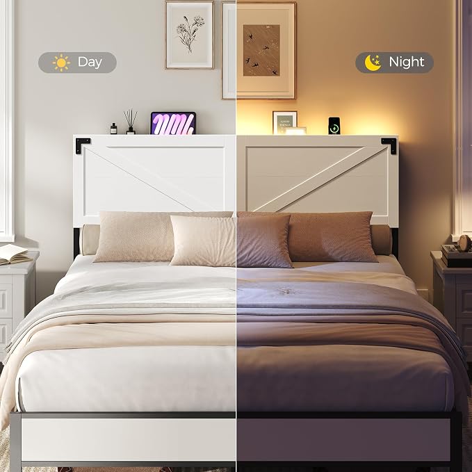 MAHANCRIS Queen Headboard with Charging Station, LED Light and Storage | Farmhouse Wooden Bed Head with Bed Frame Adapter LED Adjustable Brightness and Color Modes Easy Assembly White
