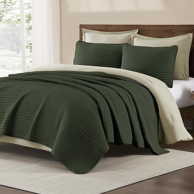 King Size Quilt-Lightweight Bedspreads Dark Green King Quilt Bedding Set | Soft Coverlet with 2 Pillow Shams for All Seasons, Suitable for Bed, Couch, 3 Pieces, 106"x94"