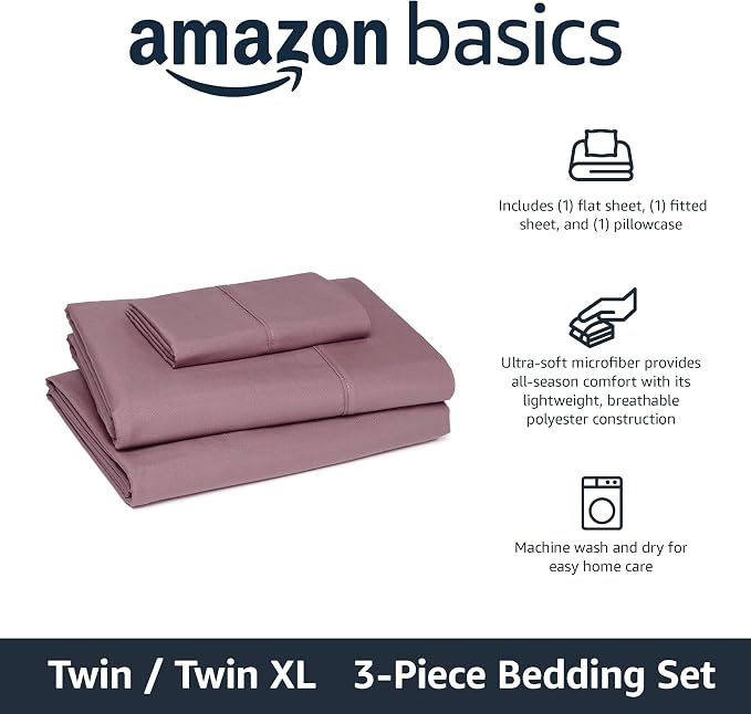 Amazon Basics Lightweight Super Soft Breathable Wrinkle-Free Microfiber 3-Piece Bed Sheet Set, Twin XL, Rose, Solid