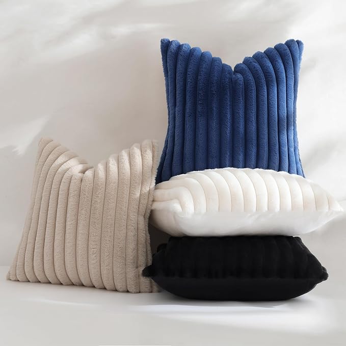 decorUhome Fall Faux Fur Throw Pillow Covers 18x18 Set of 2 Navy Blue | Decorative Soft Cozy Striped Plush Modern Farmhouse Boho Couch Pillow Cases Velvet Back for Sofa Bed Living Room Home Decor