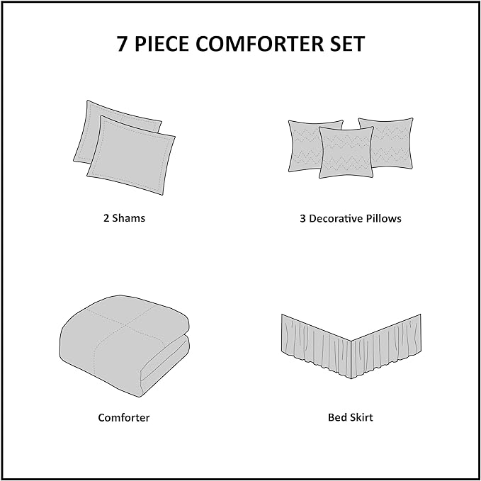 Madison Park Casual Blocks Comforter Set, 7PC Cal King Bedding Set | All Season, with Comforter, Shams, Bed Skirt, Decorative Pillows, Lightweight, Taupe Brown