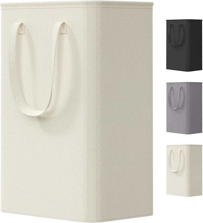 Lifewit Slim Collapsible Laundry Basket with Handles, 50L, Ivory | Narrow Laundry Hamper for Dirty Clothes, Tall Thin Laundry Bin, Small Clothes Hamper for Bathroom, Bedroom, RV, Dorm