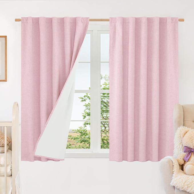Pink Linen 100% Blackout Window Curtains 45 Inch for Bedroom 2 Panels | Linen Textured, Thermal Farmhouse Curtains, Privacy, Rod Pocket Back Tab, Window Panels, with White Liner, 38 x 45 Inch