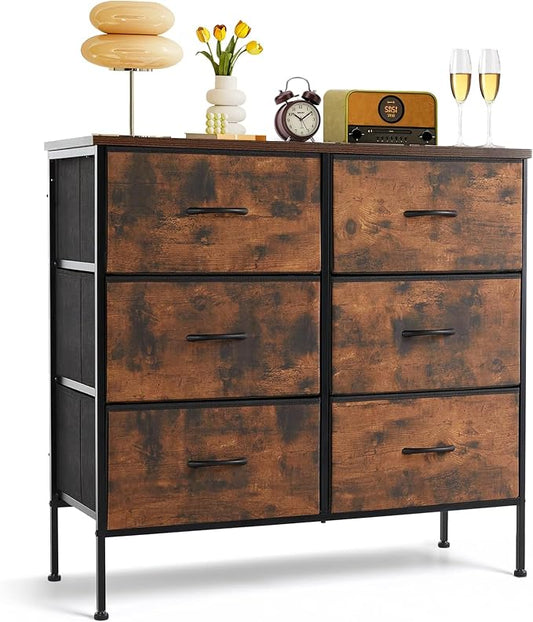 6-Drawer Dresser for Bedroom, Anti-Tip Wide Storage Organizer | Chest of Drawers with Wooden Top and Metal Frame Fabric Bins for Closet, Living Room, Hallway, Entryway, Brown