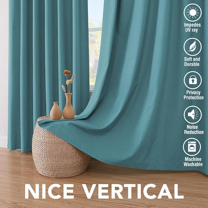 H.VERSAILTEX Linen Curtains 100% Blackout Curtains for Bedroom 102 inch Long Full Light Blocking Nature Linen Blended Window Curtains for Living Room Nickel Grommet (2 Panels, Teal)