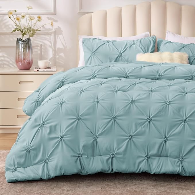 BEDELITE Twin Comforter Set Dusty Blue,Lightweight & Soft Comforter | Pintuck Boho Bedding, Warm & Cute Bed Set for All Season,With 1 Pillowcase