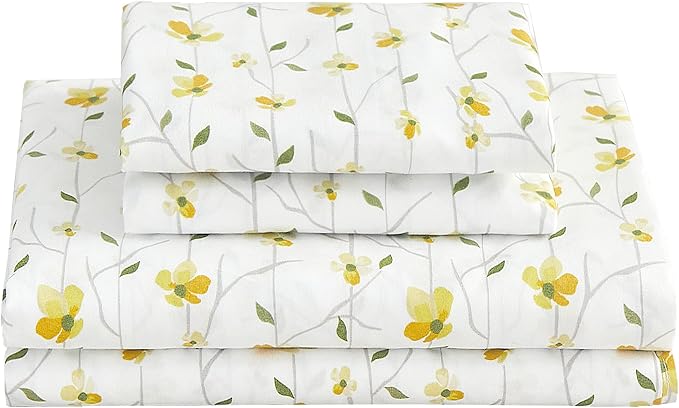 Softan Yellow Floral Twin Size Sheet Set, 3-Piece Microfiber Fitted Bed Sheet with 15" Deep Pockets & Non-Slip Straps, Kids Girls Flower Patterned Bed Sheet & Pillowcase Set