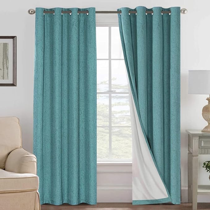 H.VERSAILTEX Linen Curtains 100% Blackout Curtains for Bedroom 102 inch Long Full Light Blocking Nature Linen Blended Window Curtains for Living Room Nickel Grommet (2 Panels, Teal)
