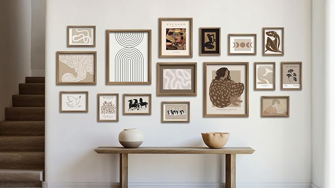 ANERZA 16 PCS Boho Eclectic Wall Art Decor, Abstract Gallery Wall Collage Kit Prints for Bedroom Bathroom, Minimalist Posters for Living Room Aesthetic, Beige and Brown Dorm Home Decor
