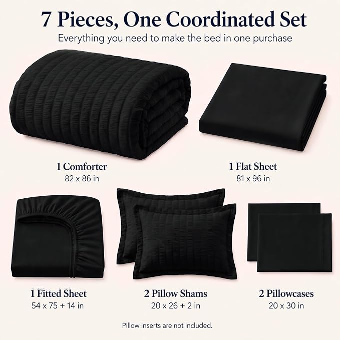 Full Size Comforter Sets, 7 Pieces Black Seersucker Bed in a Bag | OEKO-TEX Certified, All Season Bedding Set with 240 GSM Down Alternative Comforter, Flat & Fitted Sheets, Pillowcases & Shams