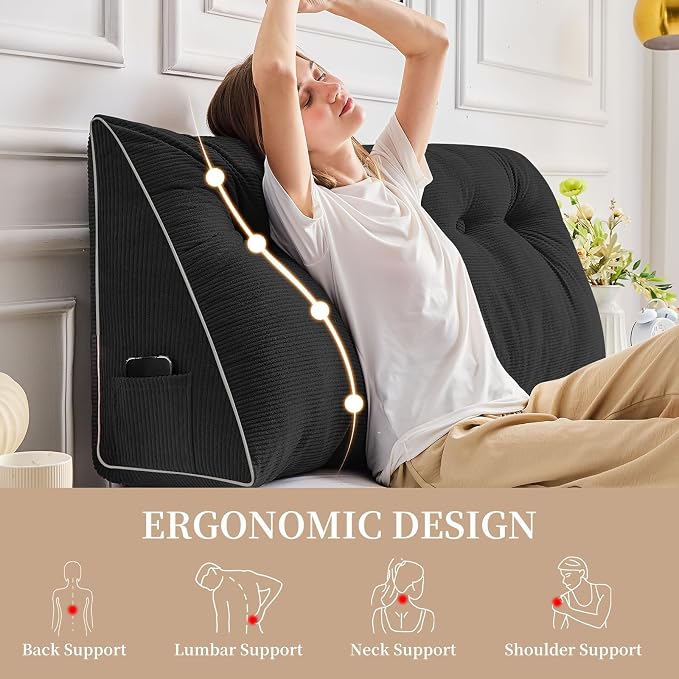 Sasttie Headboard Pillow Queen, Wedge Pillow Headboard, Black | Triangle Backrest Cushion for Sitting or Reading in Bed, Dorm Essentials, OEKO-TEX, Down Alternative Fill, Side Pockets