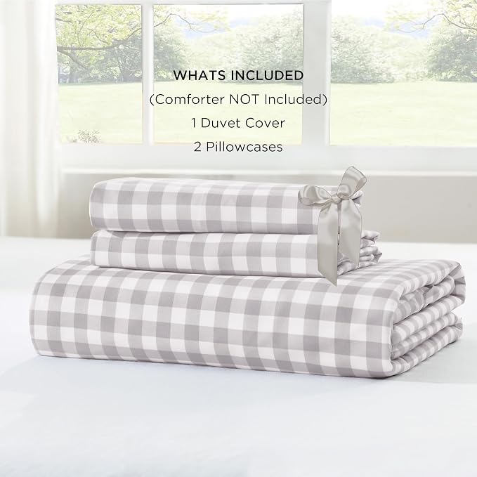 Andency Light Grey Gingham Duvet Cover Full, Ruffle Chic Bedding Set 3 Pcs | Farmhouse Soft Pre-Washed Polyester Comforter Cover with Zipper Closure & Corner Ties, 79x90Inch
