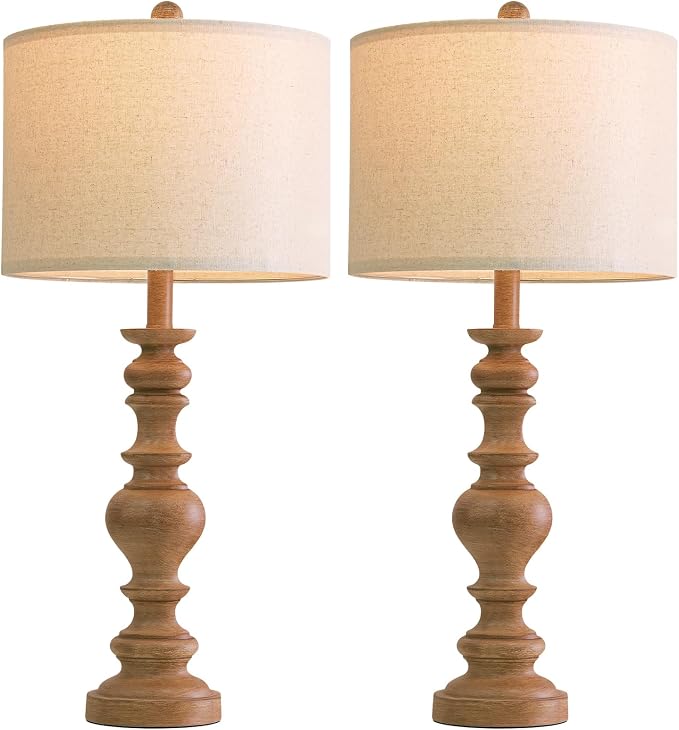 BOBOMOMO 27" Light Brown Table Lamps Set of 2, Large Farmhouse Resin Lamps with Linen Shades, Rustic Vintage Lamps for Living Room, Bedroom, Console Table or Entryway Home Lighting