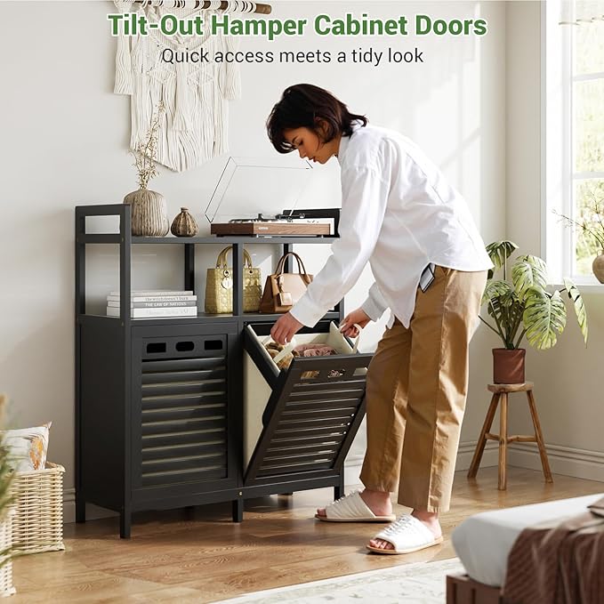 Homykic Tilt Out Laundry Hamper Cabinet, Bamboo Laundry Organizer, Black | 20 Gal Laundry Sorter with 2 Removable Liner Bags, Hidden Clothes Hamper with Shelf for Laundry Room, Bathroom, Closet
