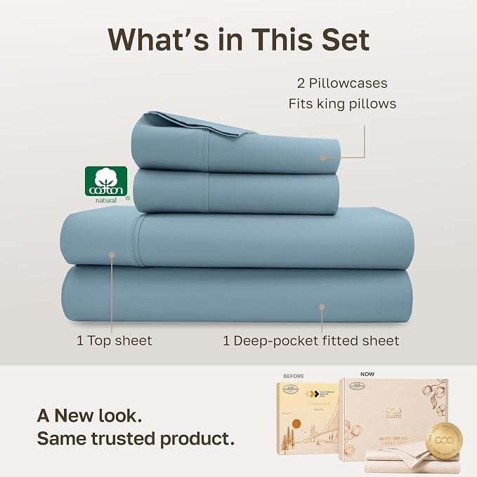 California Design Den Soft 100% Cotton Sateen King Bedsheets Set, Sky Blue | 400 Thread Count Backed by Good Housekeeping Seal, 16" Deep Pocket, All-Around Elastic, Durable, Easy Care