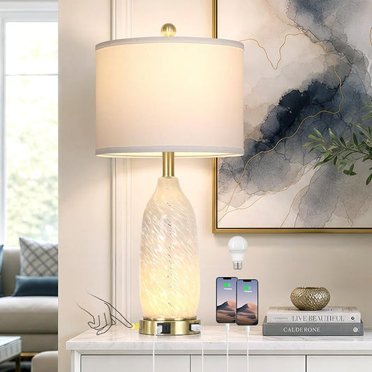 Rinweey 26" Modern Clear Glass Table Lamp Nightstand Lamp with USB A+C Ports & AC Outlet,Bedside Lamps with 3-Way Dimmable Touch Control Night Light for Bedroom Living Room,Single White