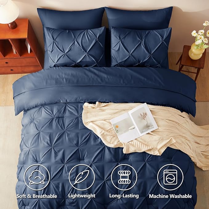 Twin Comforter Set Navy Blue, 5 Pieces Pintuck Bed in a Bag | College Dorm Essentials, OEKO-TEX 100 Certified, 240GSM All Season, Down-Alternative Comforter, Sheets, Pillowcase & Sham