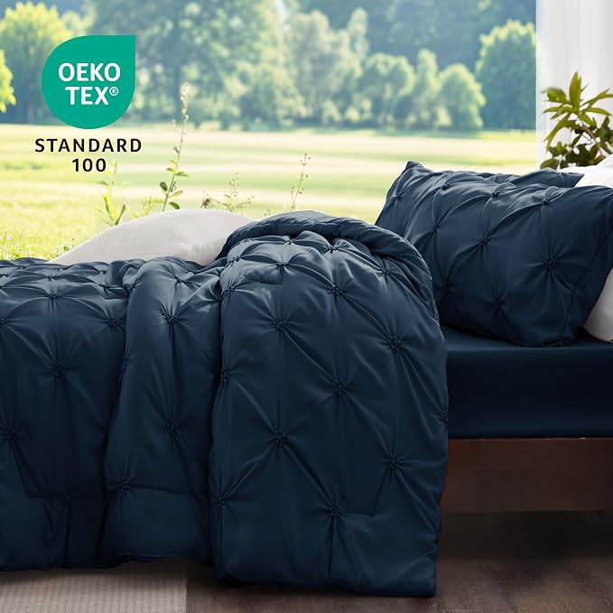 BEDELITE Queen Comforter Set Navy,Lightweight & Soft Comforter | Pintuck Boho Bedding, Warm & Cute Bed Set for All Season,With 2 Pillowcases