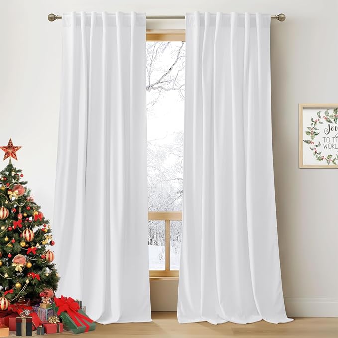 RYB Home White Velvet Curtains 96 inches Long for Bedroom - Luxury Light Reducing Vertical Back Tab Drapes Simple Home Decoration for Sliding Door Living Room, W52 x L96, 2 Pieces | Thermal Insulated,Privacy UV Block,OEKO-TEX Certified,Luxury Window De...