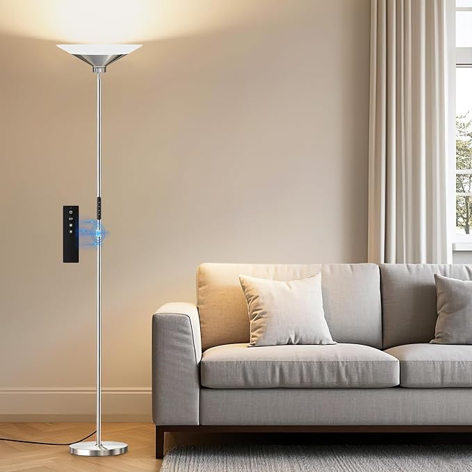 Metallic Silver Torchiere Floor Lamp - 30W Dimmable LED Standing Lamp with Remote/Button Control, 1800Lm, 3000-6500K, 72in Tall Bright Pole Light for Living Room Bedroom Office Corner