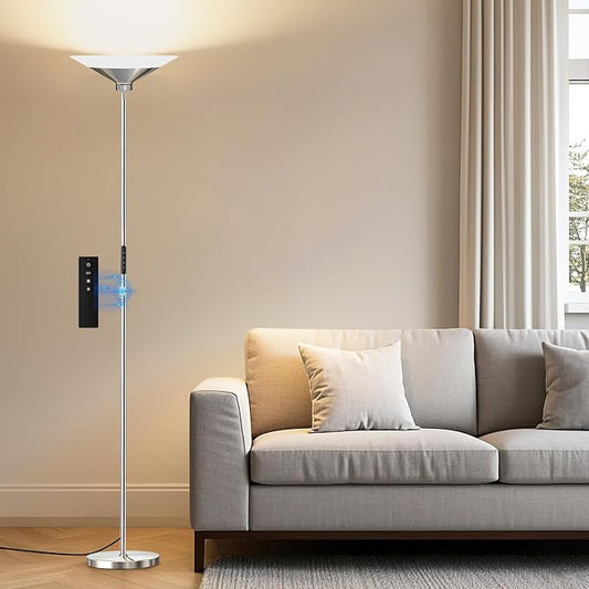 Metallic Silver Torchiere Floor Lamp - 30W Dimmable LED Standing Lamp with Remote/Button Control, 1800Lm, 3000-6500K, 72in Tall Bright Pole Light for Living Room Bedroom Office Corner