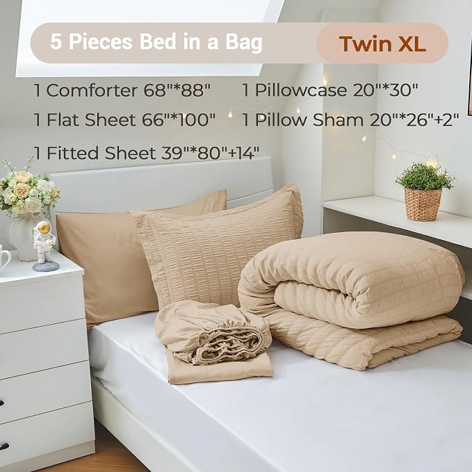 5 Pieces Twin XL Comforter Set, Seersucker Bed in a Bag Twin XL Size, All Season Luxury Bedding Set with Comforter, Flat Sheet, Fitted Sheet, Pillowcase & Sham, Khaki