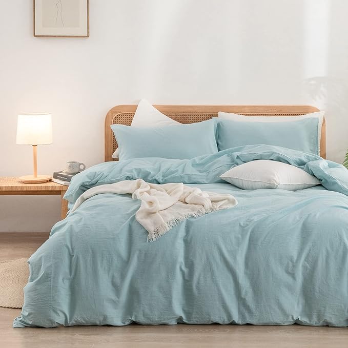 BESTOUCH Cotton Solid Duvet Cover Set Linen Feel Hushed Green Queen | 100% Washed Cotton, Soft Wrinkle Texture, Hidden Zipper, 8 Ties, Breathable Lightweight Durable Comfy, 3 Pcs No Insert