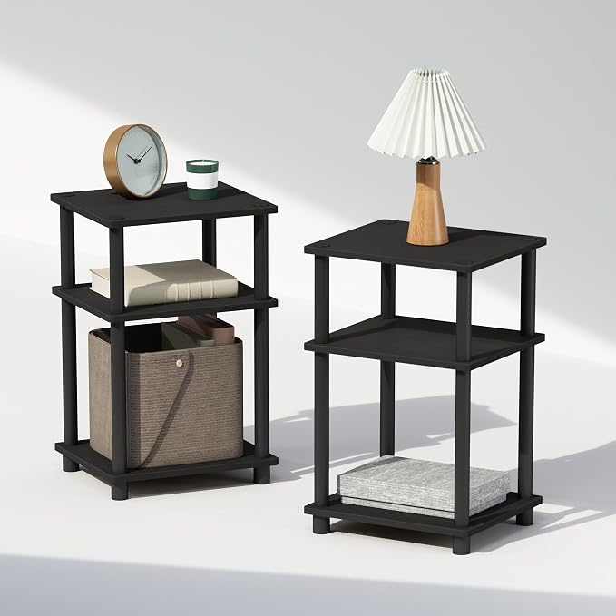 Furinno JUST Set of 2 Toolless 3-Tier Night Stand, Americano | Compact, Narrow, Open Storage Bedside Table, End Table, Side Table, for Bedroom, Dorm