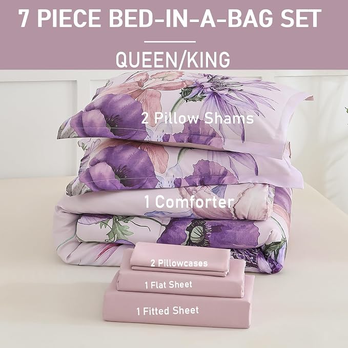Yogeneg Queen Comforter Set 7 Piece Bed in a Bag,Elegant Floral Botanical Pattern Purple Bedding Set,Soft Microfiber Comforter with Sheet Set,All Season Bed Set(Purple Floral,Queen)