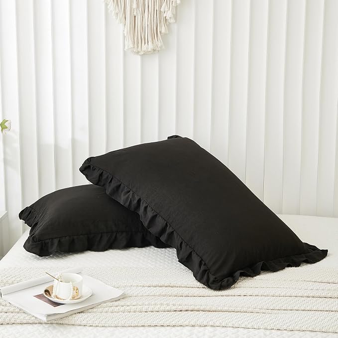 Black Pillowcases King Pillowcases Ruffled Pillow Shams Set of 2 Cute Pillowcases Solid Ruffled Fringe Design Shabby Chic 2 Pack (King (20''x36''), Black)